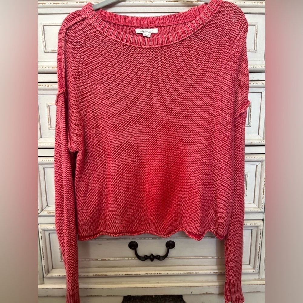 American Eagle Outfitters Pink Crew Neck Sweater with Ribbed Texture